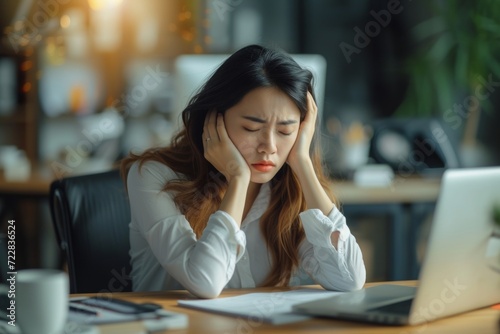 Businesswoman at desk stressed with head in hands, urban downsizing image