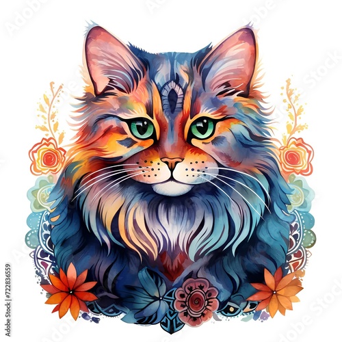 Artistic portrait of cat for logotype and book design on white background  watercolor illustration. AI generation