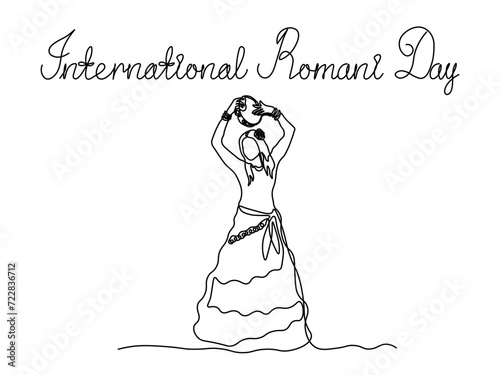 International Romani Day.Abstract gypsy woman in a long national dress dancing with a tambourine in her hands,continuous one line art hand drawing sketch