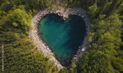 A crystal clear heart-shaped lake in the middle of a deep forest