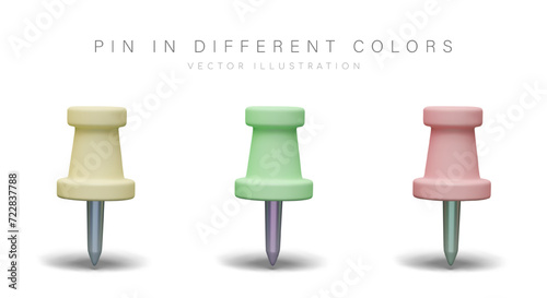 Realistic pin in different colors. Stationery objects in yellow, green, and pink colors © ArtHub007