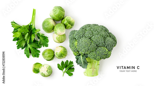 Broccoli, brussel sprouts and parsley isolated on white background.