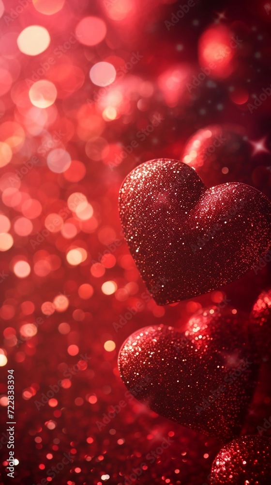 Abstract background for Valentine Day with red Hearts copy space. Vertical banner, blurred bokeh background Abstract background for Valentine Day with red Hearts copy space. Vertical banner, blurred bokeh background