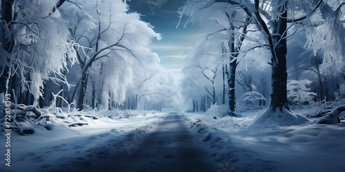 Snowy Forest with Pathway. Winter Landscape. Fairy Tale Illustration