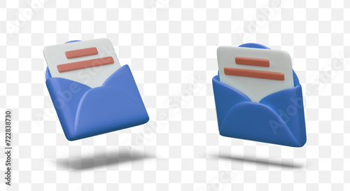 Set of realistic open envelopes with paper letter. Isolated illustrations in plasticine style
