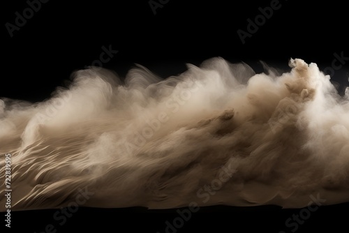 Abstract art of dust clouds of sand in motion on a black background