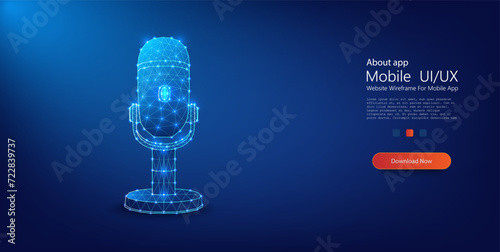 Futuristic Digital Microphone in Wireframe Style. A modern representation of a microphone with a glowing wireframe design set against a dynamic blue backdrop, symbolizing technology in sound. Vector