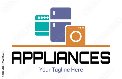 Modern minimalist home appliance store logo. Refrigerator stove and washing machine icon.