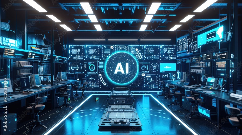 High Tech Lab with AI Chip and surrounded by various electronic devices, AI, Artificial Intelligence concept, futuristic and technological background High Tech Lab with AI Chip and surrounded by various electronic devices, AI, Artificial Intelligence concept, futuristic and technological background
