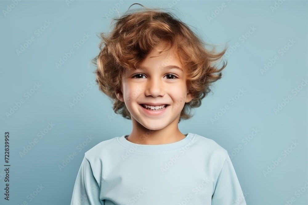 Portrait of a smiling little boy with curly hair over blue background Portrait of a smiling little boy with curly hair over blue background