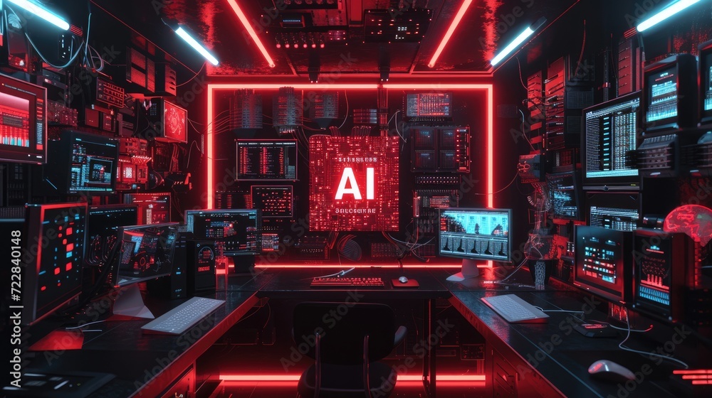 High Tech Lab with AI Chip and surrounded by various electronic devices, AI, Artificial Intelligence concept, futuristic and technological background High Tech Lab with AI Chip and surrounded by various electronic devices, AI, Artificial Intelligence concept, futuristic and technological background