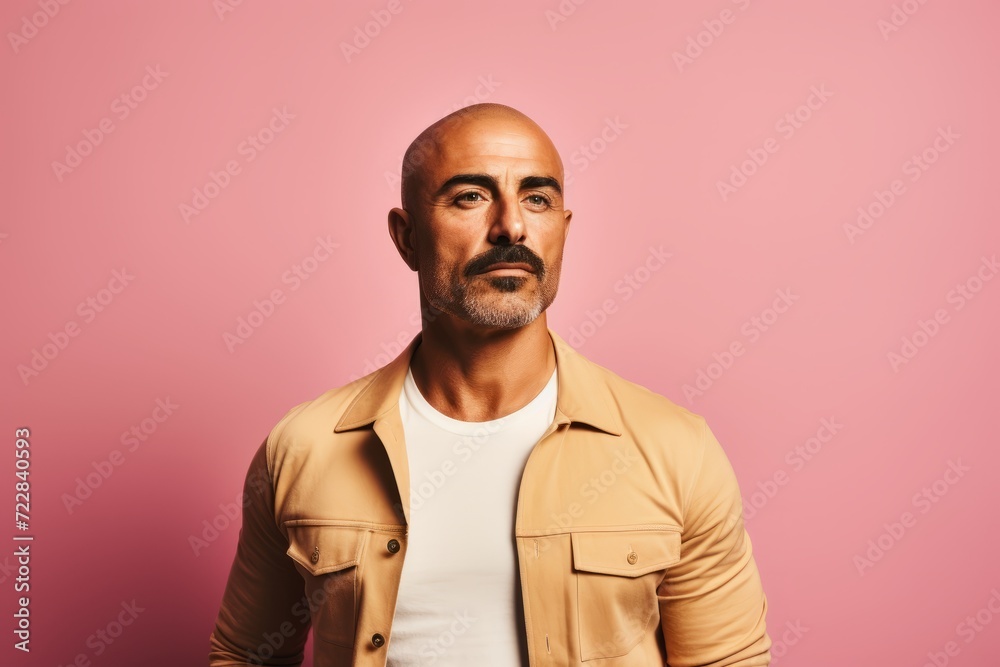 Portrait of a handsome mature man with beard. Isolated on pink background.