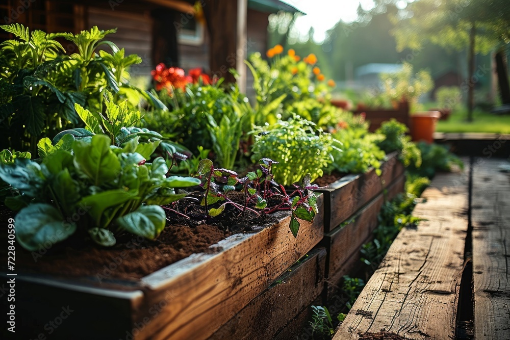 Wooden raided beds in modern garden growing plants herbs spices vegetables and flowers near a wooden house in the countryside, Generative AI 