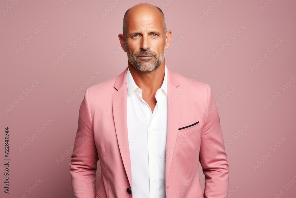 Portrait of a handsome mature man in a pink suit. Men's beauty, fashion. Portrait of a handsome mature man in a pink suit. Men's beauty, fashion.