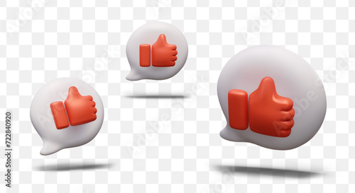 Composition with colorful round bubbles with red hand with like reactions in different positions