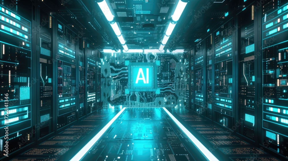 Fototapeta premium High Tech Lab with AI Chip and surrounded by various electronic devices, AI, Artificial Intelligence concept, futuristic and technological background