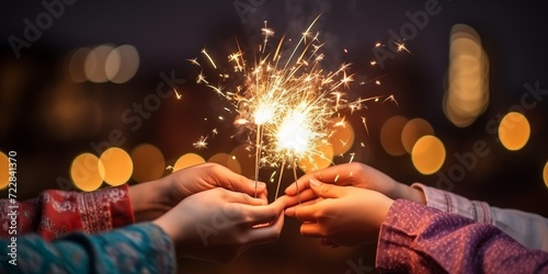 Muslim Playing firework to celebrate Eid Mubarak with friends photo