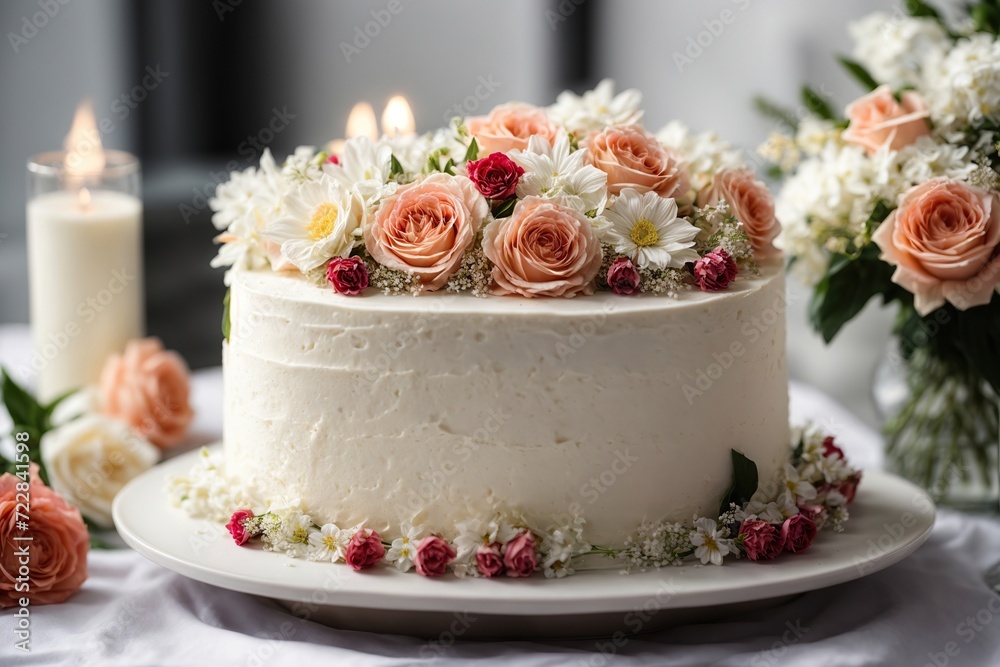beautiful White cake with flowers Birthday , valentine ,anniversary , wedding , event celebrations beautiful White cake with flowers Birthday , valentine ,anniversary , wedding , event celebrations