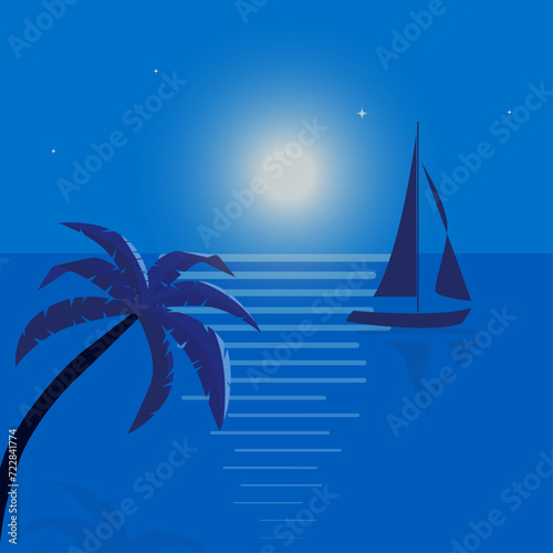 Moonlit night, rest. Minimalistic vector illustration in the form of an abstract composition of silhouettes of the moon, palm and sailboat in a flat style