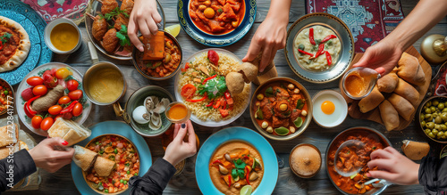 Breaking Fast, Ramadan iftar dinning table. Top view of muslim family celebrate Eid together share a meal