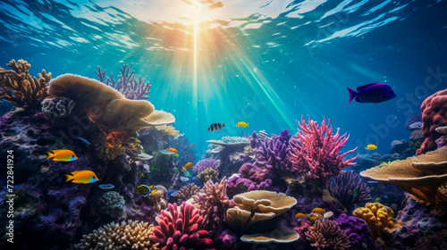 Suns rays penetrate sea surface and illuminate multicolored coral reef with floating fish