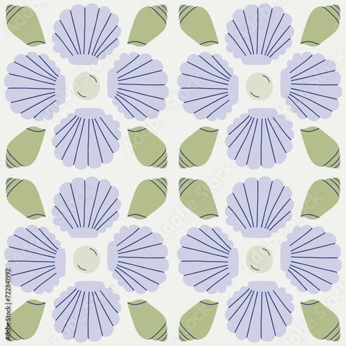 Beautiful seamless pattern with hand drawn Sea Shells and Pearls. Vector marine texture with symmetrical shells. Beautiful undersea background