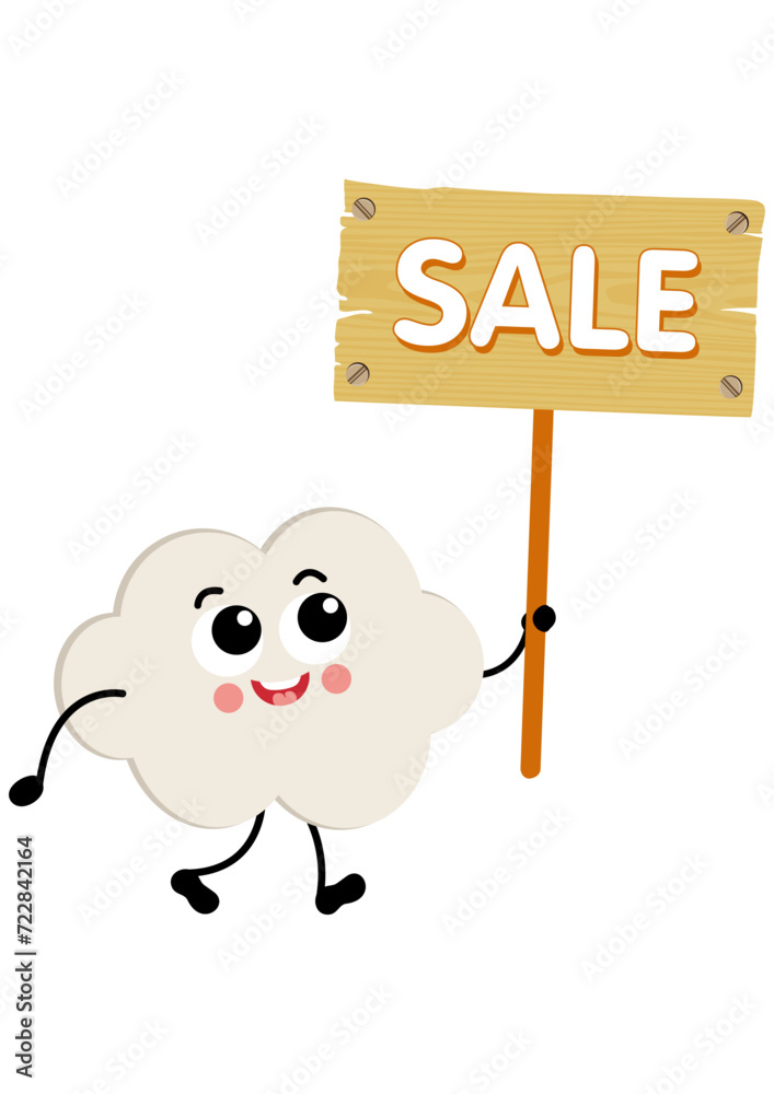 Funny cloud mascot holding a wooden sign with sale inscription Funny cloud mascot holding a wooden sign with sale inscription