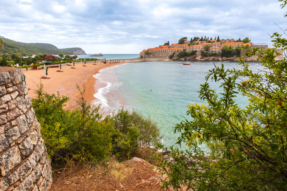 Sveti Stefan island in Montenegro and beach view