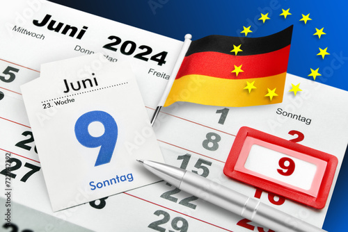 Kalender Datum 9. Juni 2024 Europawahl mit Deutscher Flagge photo