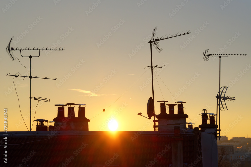 Roofs and outdoor tv antenna in Paris suburb Roofs and outdoor tv antenna in Paris suburb