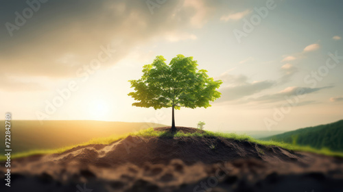 Small tree with green leaves, natural growth, and sunlight, agriculture, and sustainable plant growth. Banner new life.