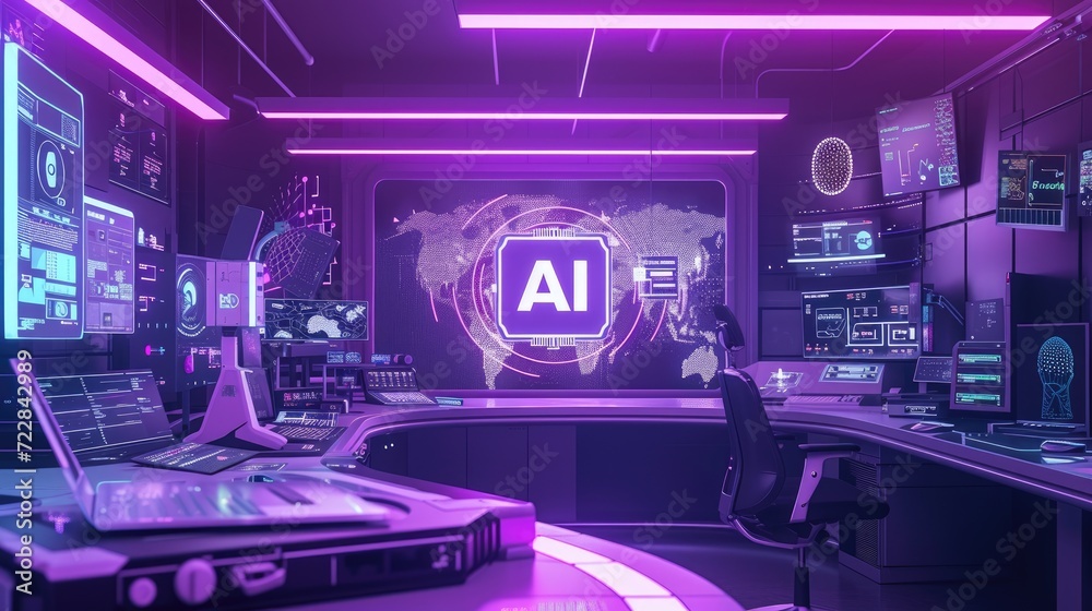 High Tech Lab with AI Chip and surrounded by various electronic devices, AI, Artificial Intelligence concept, futuristic and technological background