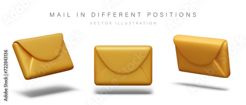 Yellow 3D closed envelope in plasticine style. Set of vector objects at different angles