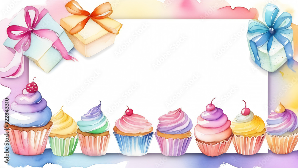 Colourful frame made of birthday cakes and gifts with free space for text , birthday card, illustration 