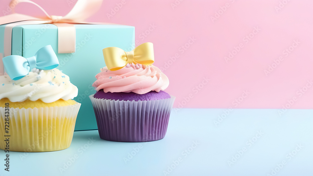 Birthday cakes, cupcakes with gift box with free space for text on pink background Birthday cakes, cupcakes with gift box with free space for text on pink background