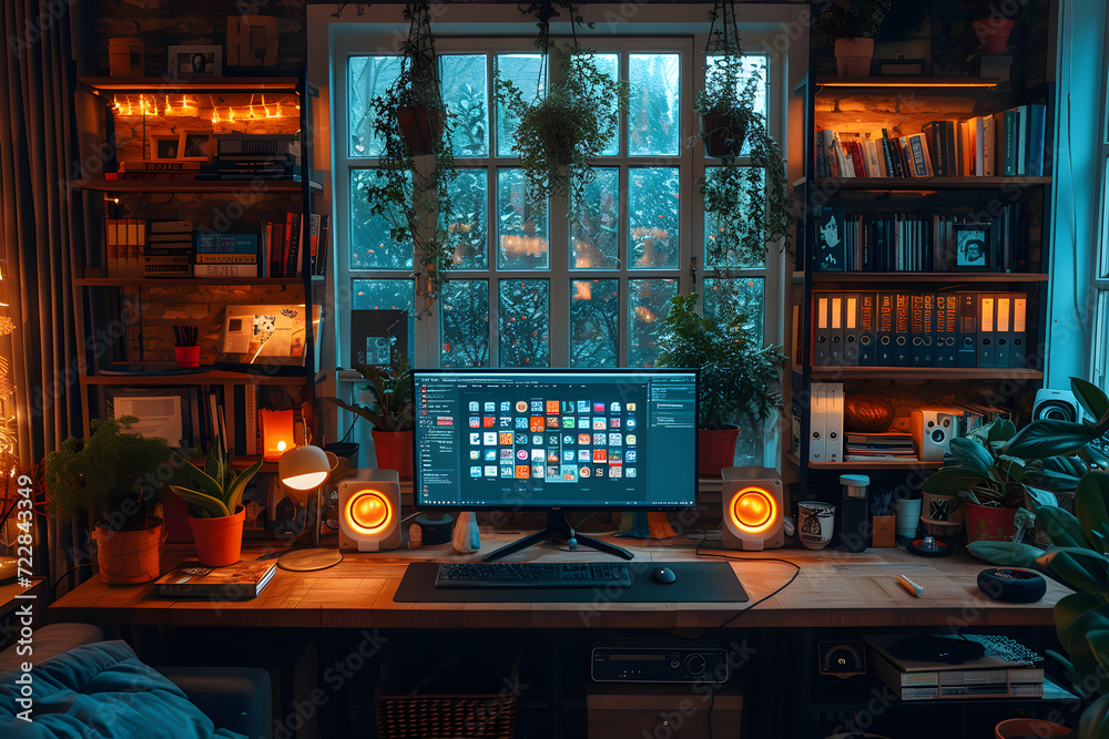 Cozy home office with computer on desk, warm lighting, and bookshelves at night.