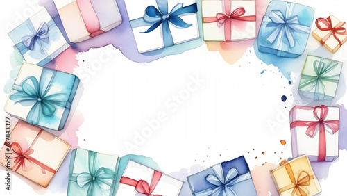 Frame made of gifts with ribbon with space for text  on white background