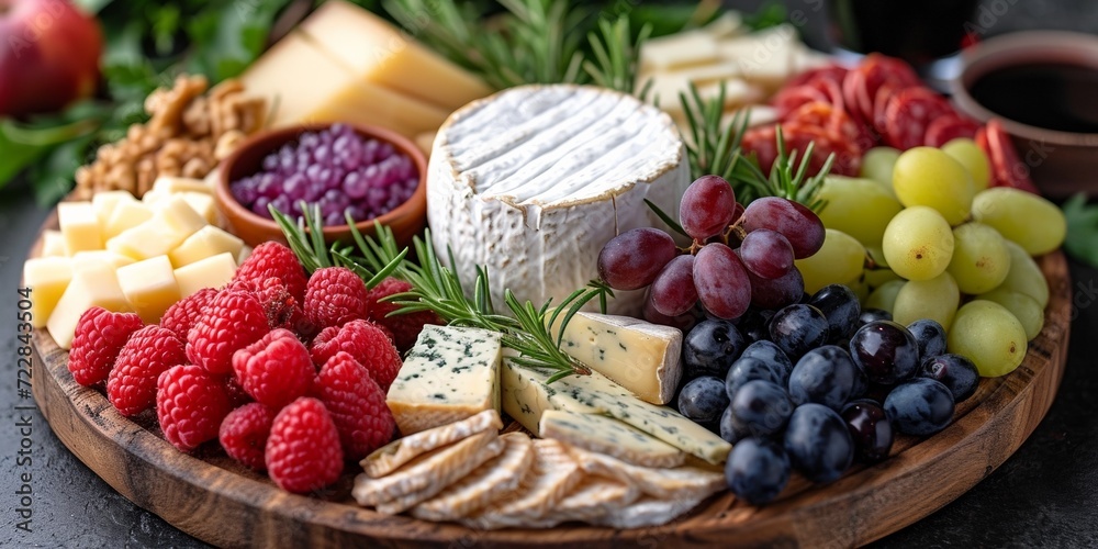 A varied cheese board with brie, camembert, and other cheeses, accompanied by grapes and raspberry.