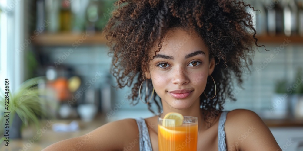 A young woman enjoying a refreshing vitamin-packed juice, promoting a healthy and vibrant lifestyle. A young woman enjoying a refreshing vitamin-packed juice, promoting a healthy and vibrant lifestyle.