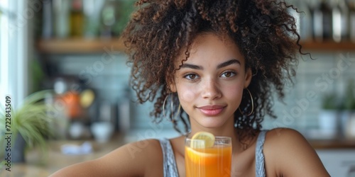 A young woman enjoying a refreshing vitamin-packed juice  promoting a healthy and vibrant lifestyle.