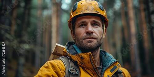 A thoughtful and serious arborist in a forest, wearing a hardhat and protective equipment. © Iryna