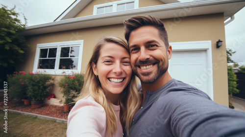 Couple taking a selfie in front of their new house. They are smiling and looking at camera.
