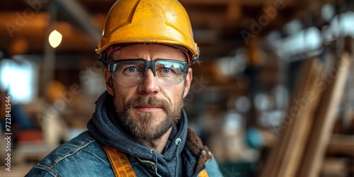 A successful industrial worker in uniform and helmet, confidently smiling at a construction site.