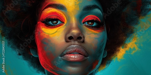 A striking artistic portrait of a black woman with vibrant and creative makeup.