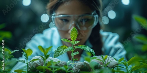 A Chinese woman scientist examines medicinal plants in a biological laboratory for pharmaceutical research.