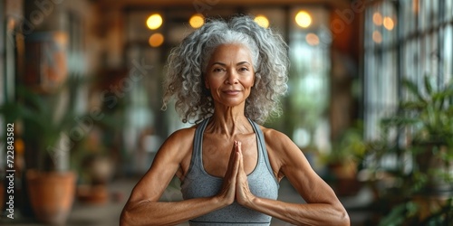 Positive, peaceful senior Indian woman practicing yoga, showcasing wellness and strength in a relaxed pose.