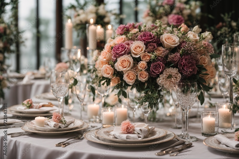 close up of wedding reception table setting with flower arrangements close up of wedding reception table setting with flower arrangements