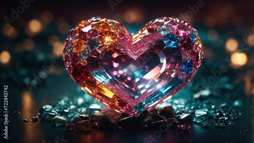 Heart made of precious gemstones on a black background.