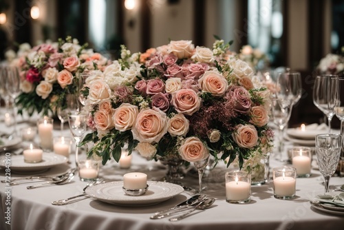  close up of wedding reception table setting with flower arrangements