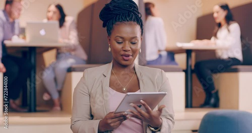 Face, black woman in business and arms crossed with tablet in office, coworking and corporate research info. Portrait, confident African professional and happy consultant reading email on technology photo